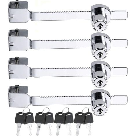 Set di 4 serrature a sega scorrevole con chiave per serrature a cricchetto per vetrine di terrari e vivai, serrature per vetrine in vetro per porte in vetro, chiavi identiche, argento