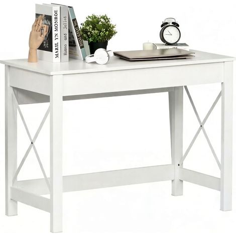 Bureau informatique blanc 105 x 50 x 76 cm avec large plateau, structure latérale renforcée en X métal et panneau de particules, style minimaliste  CHICFURN (1/5)