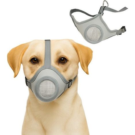 Muselière respirante en maille. Empêche les morsures, les mâchonnements et l'ingestion. Ouverture pour boire et haleter. Grise. Taille M. Pour petits chiens. (1/4)