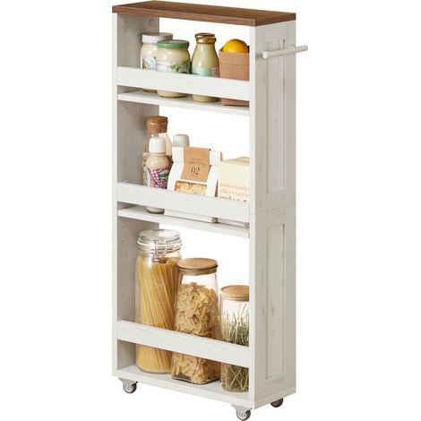 Vasagle – Chariot de rangement fin 4 niveaux – Étagère de cuisine avec roulettes et poignée – Dimensions 15 x 43,2 x 86,5 cm – Blanc rustique et marron miel (1/5)