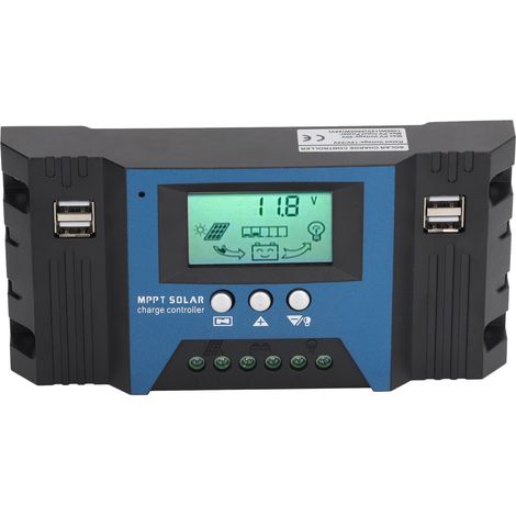 Régulateur de charge solaire 12 V/24 V avec 4 ports USB, 5 V, 2,5 A, paramètres réglables et écran LCD. Idéal pour la maison, le camping-car et les bateaux (100 A). (1/5)