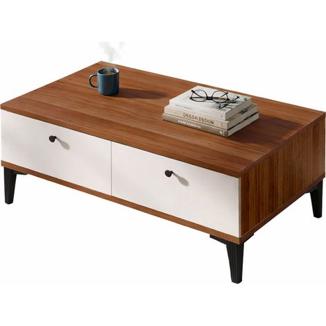 Table Basse 2 Abattants 2 Niches Noyer et Ecru 4 Pieds L 90 H 38.6.1 P 60 cm (1/5)