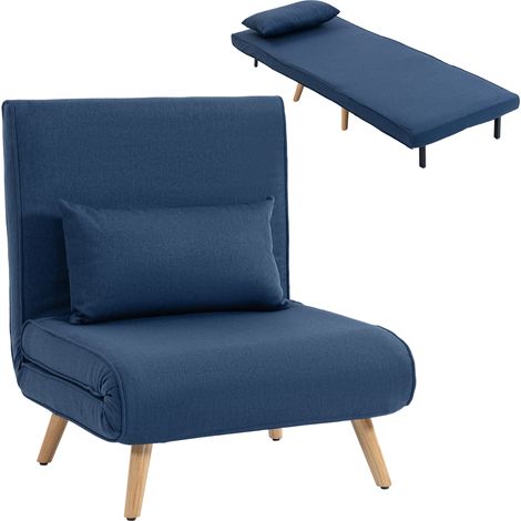 HOMCOM sofá cama individual sillón cama plegable tapizado en lino con respaldo ajustable en 5 posiciones y almohada 72x75x85 cm azul oscuro (1/5)