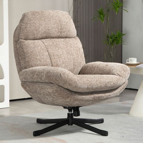 M&S – Fauteuil lounge pivotant en tissu beige chiné – Structure en contreplaqué et métal – Assise moelleuse 49cm – Pour espaces de détente
