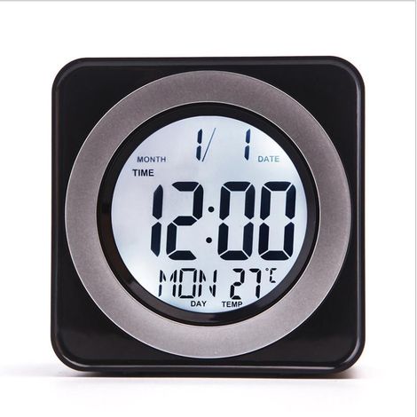 Horloge électronique carrée noire à commande vocale avec affichage du calendrier et de la température (1/4)