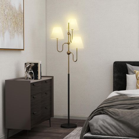 Dorée - Lampe sur pied de 165 cm de haut, lampe sur pied avec 3 points d’éclairage et pédale, prise E27 max 40W, pour chambre et bureau