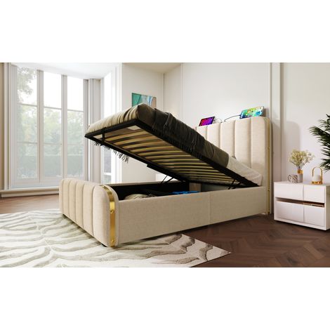 Cama 90x200 cm de lino beige con almacenaje y USB, para estudio, sin colchón – MEUBLIV (1/5)