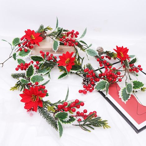 Guirlande De Fleurs Artificielles - Branches De Pin Simulées Avec Baies Rouges - Décoration De Noël Pour Intérieur Et Extérieur - 200 Cm - 1 Pièce (1/5)