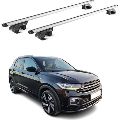 OMAC Barres de toit aluminium certifiées TÜV pour VW T-Cross 2019-2026 – Pour rails de toit standards – Rainure en T – Charge max 90 kg – 2 antivols Argent (1/4)