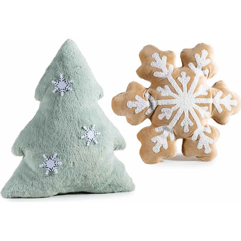Cuscini natalizi in morbido peluche a forma di albero e fiocco neve con decori in rilievo, set da 2 pezzi, Pino: cm 37 x 44 H