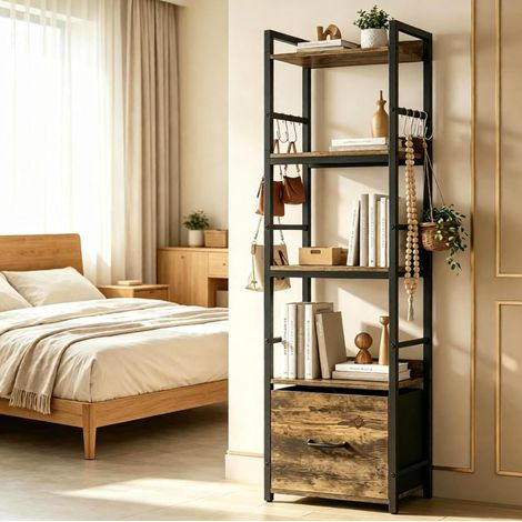 Librería estrecha de 4 estantes con cajón y 8 ganchos 39x26x136,5 cm OKWISH (1/5)
