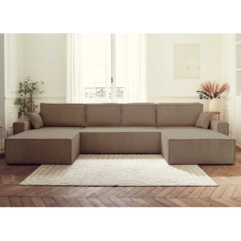 Dellia – wohnlandschaft u-form – 7-sitzer – mit schlaffunktion – mit bettkasten – aus cord - taupe