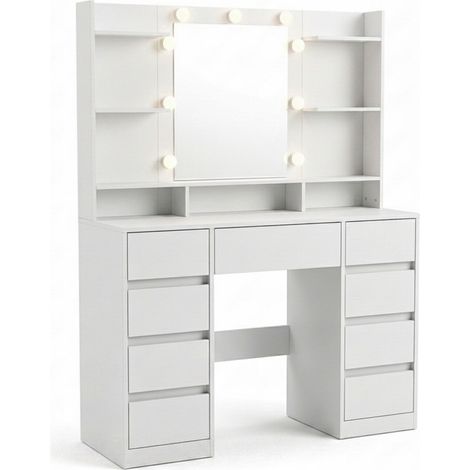 Relaxdays Toeletta con specchio LED e ripiano, tavolo trucco, 9 cassetti, A x L x P: 144x107x40 cm, bianco (1/5)