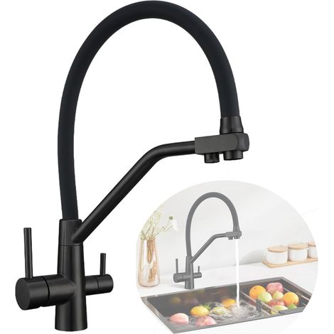 Robinet de cuisine noir, mitigeur de cuisine 3 en 1 avec bec extractible, robinet de cuisine pivotant à 360° pour eau potable chaude, froide et filtrée (1/5)