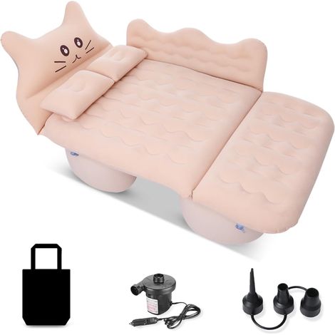 Matelas Pneumatique de Voiture Chat Chanceux Gonflable de Siège Arrière Lit Voiture Multifonctionnel Pliant Siège Air d'auto Lit pour Camping Piscine Plage Voyages (Beige) (1/5)