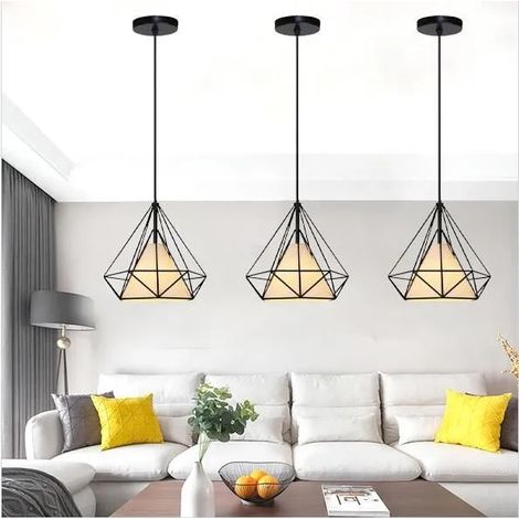 3PCS Lustre Suspension Industrielle, Lampe Suspension Vintage en Cage Diamant Style Edison pour Salon Chambre (1/4)