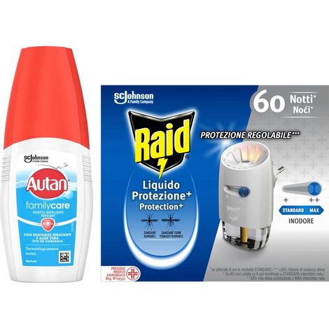 Autan e Raid Protezione Completa, Antizanzare, Autan Family Care Vapo 1 Confezione da 100 ml, Raid Liquido Elettrico Protezione, 1 Base e 1 Ricarica (1/5)