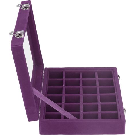 Small 24-Compartment Jewelry Box with Locks, Red Earring Storage Box, Removable Trays, Clear Glass Lid for Women (PURPLE) (1/5)
