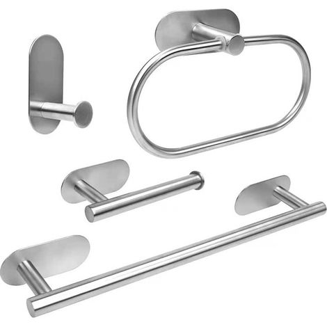Ensemble d'accessoires de salle de bain, porte-serviettes de salle de bain 4 pièces sans perçage, anneaux porte-serviettes en acier inoxydable noir, porte-papier hygiénique collant noir (1/5)