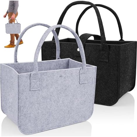 2-Piece Foldable Felt Shopping Bags, Large Baskets with Handles for Wood, Toys, Clothes, Shopping, 39x26x20cm, Black & Grey (1/5)