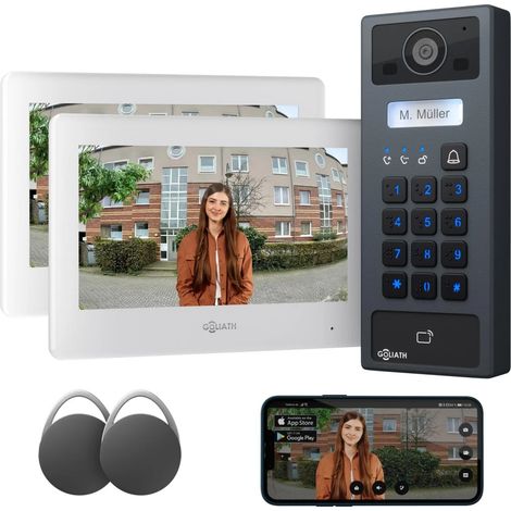 GOLIATH Basic 2-Draht BUS Türsprechanlage  FullHD  App  2x 7" Monitor  RFID & Keypad  Aufputz