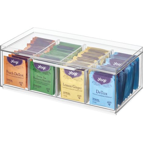 iDesign Porta 4 Scomparti, Organizer Cucina impilabile per bustine di The, Contenitore plastica con Coperchio con pareti Regolabili, Trasparente (1/5)