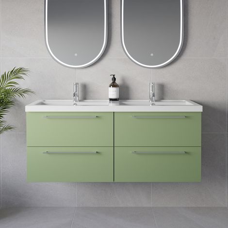 Napoli 390 Olive Green 1200mm Wall Mounted 4 Drawer Vanity Unit with Double Lucia Basins - 1200mm - Chrome 320mm Handle
