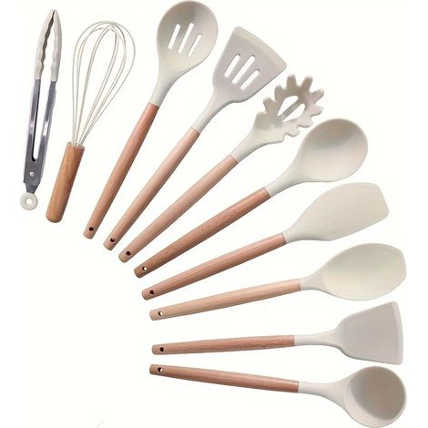 (Blanc) Ensemble de 10 ustensiles de cuisine en silicone, résistants à la chaleur et antiadhésifs, avec manches en bois. (1/2)