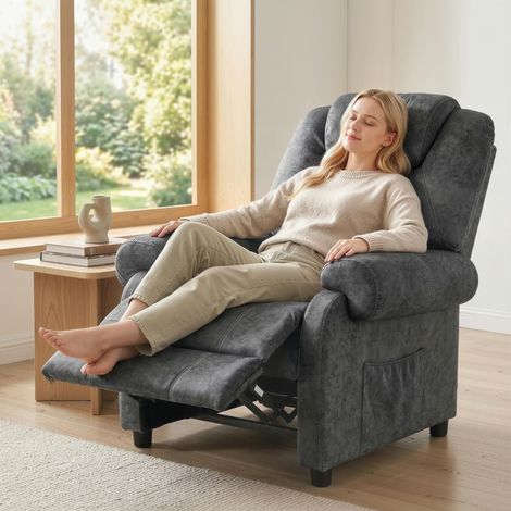 Sillón Relax Reclinable Manual Sillón Relax de Terciopelo con Reposabrazos Reposapiés Acolchado Grueso Negro (1/5)