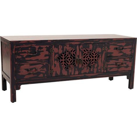 buffet bas en bois noir et rouge style antique élégant - noir vieilli effet rouge antique (1/5)