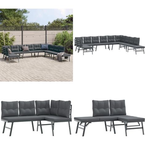 7-tlg. Garten-Sitzgruppe mit Kissen Schwarz Stahl - Gartengruppe - Gartenmöbel Set - Esszimmerset Outdoor - Essplatz Im Freien - Balkonmöbel - Home & Living