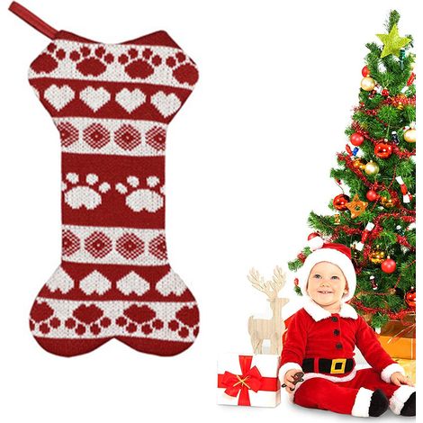 Chaussettes décoratives de Noël, pendentif, sac cadeau, chaussettes rouges tricotées pour chien, grandes chaussettes en forme d'os pour chiens, décoration de Noël (1/5)
