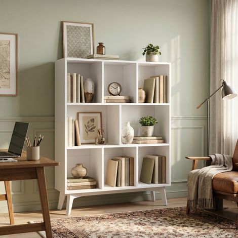 Étagère de Rangement, Meuble Bibliothèque avec 8 Cubes, pour Bureau, Salon, Salle à Manger, 24 x 90 x 107,4 cm, Blanc (1/5)