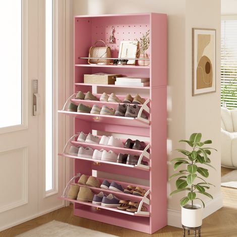 Zapatero estrecho con 3 compartimentos abatibles y 2 estantes abiertos, tiradores dorados en forma de trébol, ideal para un recibidor o pasillo, color rosa. (1/5)