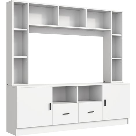 Ensemble meuble TV blanc 180 x 35 x 170 cm avec 2 armoires, 2 tiroirs et 11 compartiments de rangement (1/5)
