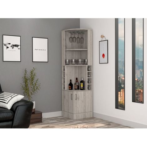 Tuhome Concept – Meuble bar d'angle avec porte-verre – Dimensions 180,6 cm x 46,9 cm x 46,9 cm – Espace de rangement pour 8 bouteilles – Design moderne gris