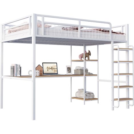 Lit mezzanine métallique 140 x 200 cm, échelle de sécurité avec escalier, lit enfant avec table et étagère, lit ado et adulte, garde-corps de sécurité en métal, blanc (1/5)