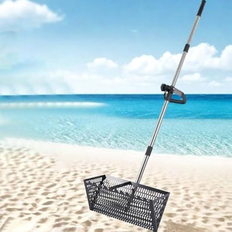 Ensemble de rateau Anti-puces en Acier Inoxydable et Acier au Carbone avec Grand Panier à Dents de Requin, poignée antidérapante, rateau à Long Manche Amovible pour la Plage (Noir Acier Carbone-1