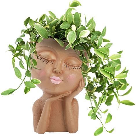 Pot de Fleurs Décoratif Resin - Support Tête Mannequin avec Pot - Figure Modelage avec Drainage, Modèle Face Pot 17cm, Coloris: Blanc/Beige/Brun/Gris, Matériel: Résine, Emballage: 1 Pièce (1/5)