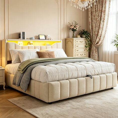 Lit coffre rembourré 180x200 cm – lit adulte gain de place avec coffre led et usb – tissu – beige (1/5)