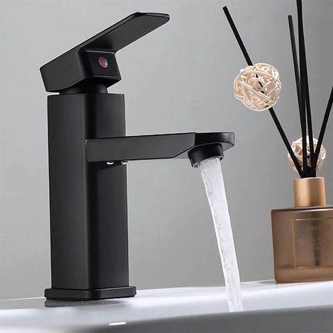 Grifo de baño, grifo de agua fría y caliente, grifo de lavabo, grifo monomando, grifo monomando de acero inoxidable 304 para baño (negro). (1/2)