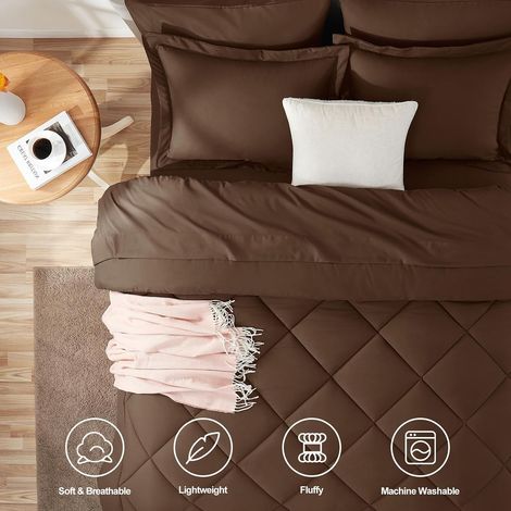 Ensemble de couette Queen marron - Ensemble de literie Queen Size, ensemble de literie doux et luxueux pour toutes les saisons, comprenant draps, taies d'oreiller et housses de coussin. (1/4)