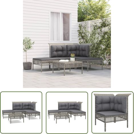 The Living Store Salon de jardin 5 pcs avec coussins Gris Résine tressée - Salon De Jardin - Mobilier De Jardin - Set De Salon De Jardin - Meubles De Jardin - Chaise De Jardin (1/5)