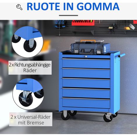 Chariot d'atelier mobile HOMCOM, meuble à outils roulant avec 5 tiroirs, bleu