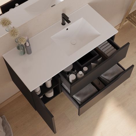 Meuble de salle de bain 120cm avec vasque déportée à droite - sans miroir - 2 tiroirs et un placard - noir - ZARZA (1/4)
