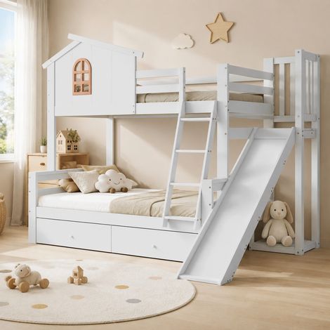 Cama litera para madre y niño (247x163.5x189 cm), con ventana decorativa, tobogán, 2 cajones, madera maciza y MDF, blanca (1/5)