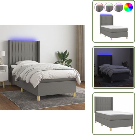 Sommier à lattes de lit matelas LED Gris foncé 90x200cm Tissu - Sommier Tapissier - Lit Avec Led - Matelas À Ressorts Ensachés - Tête De Lit Ajustable - Éclairage LED (1/5)