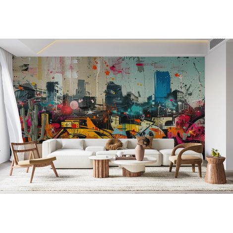Papier peint graffiti - lettrages urbains et gratte-ciels - 150 x 250 cm (1/2)
