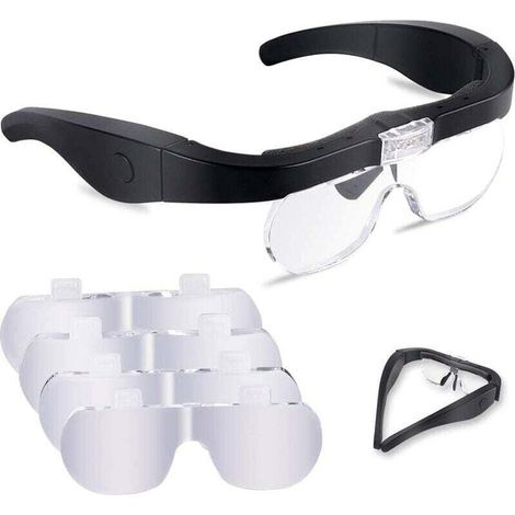 Lunette Loupe avec 2 LED. Frontale Grossissantes Casque Loupe Mains Libres avec 4 Lentilles Amovibles pour Lecture. Bijoutier. Couture. et Bricolage Lucky-88 (1/5)