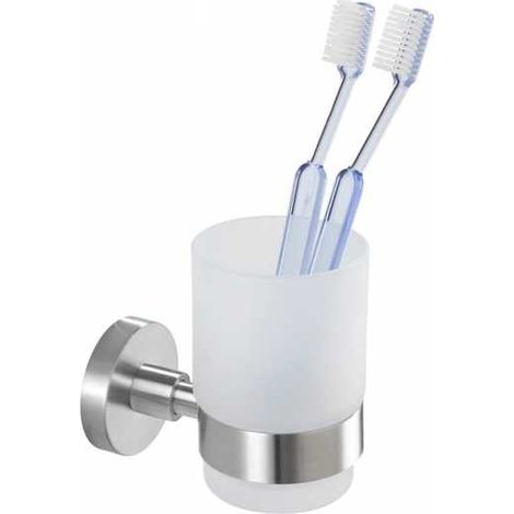 Wenko 19615100 Bicchiere Portaspazzolini Con Supporto Uno Bosio Satinato, Acciaio Inossidabile, 7 X 9.5 X 10.5 Cm, Opaco (1/5)